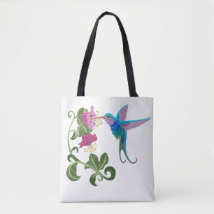 Broderade hummingbird- och hibiskusblommor tygkasse