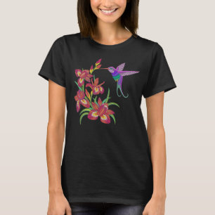 Broderade hummingbird- och Irisblommor Tee Shirt