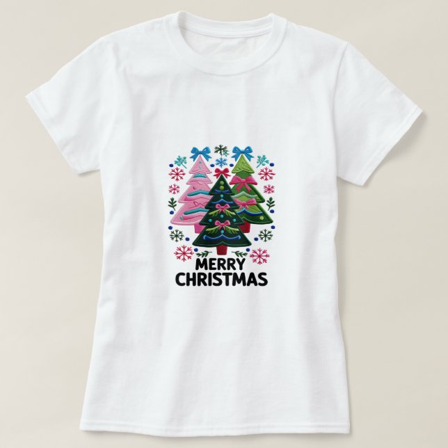 Broderade julgranar – Pastell God Jul T Shirt (Design framsida)