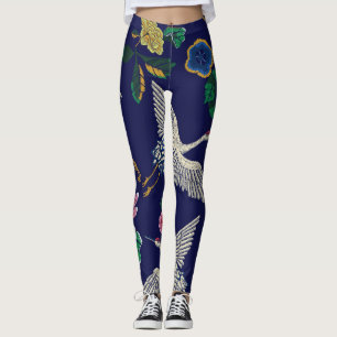 Broderade kranar och blommor, sömlösa vintagar leggings