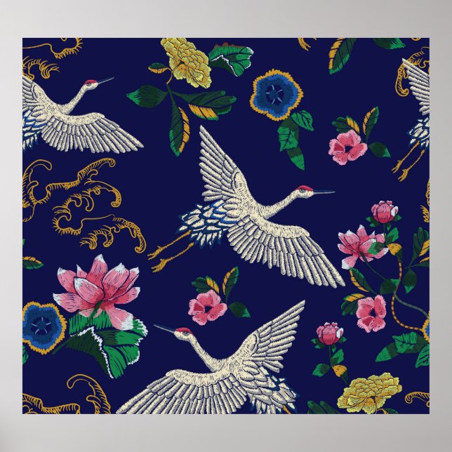Broderade kranar och blommor, sömlösa vintagar poster (Framsidan)