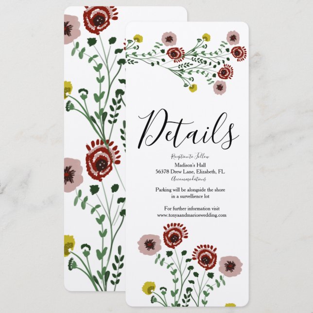 Broderade Vintage Blommiga Botaniska Bröllopsdetal Inbjudningar (Fram/baksida)