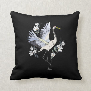 Broderade vita och Grått Crane Bird Blommigt Black Kudde