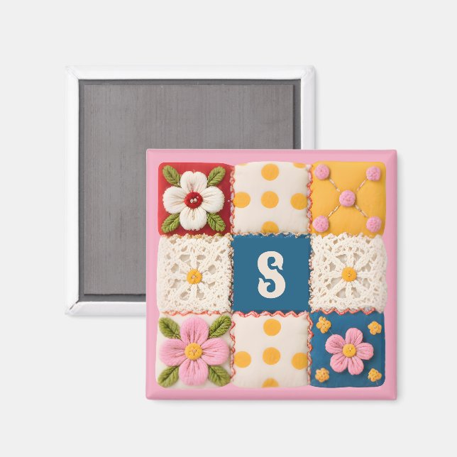 Broderat spets- och blommonogram för lapptäcke-blo magnet (Front/Back)