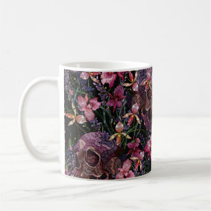Broderier, humant skalle och rosa, orchidblommor kaffemugg