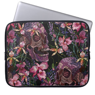 Broderier, humant skalle och rosa, orchidblommor laptop fodral
