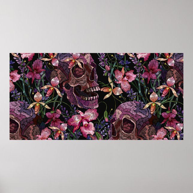 Broderier, humant skalle och rosa, orchidblommor poster (Framsidan)