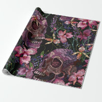 Broderier, humant skalle och rosa, orchidblommor