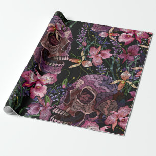 Broderier, humant skalle och rosa, orchidblommor presentpapper