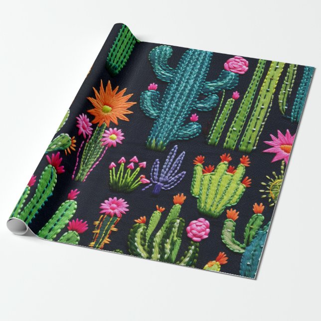 Brodery-look Cactus and Desert Flowers Presentpapper (Utrullad)