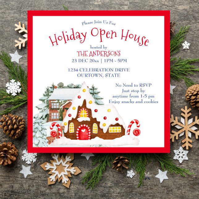 Brödhus, helgdag inbjudningar (Ginger bread house holiday open house party editable template invitation digital download)