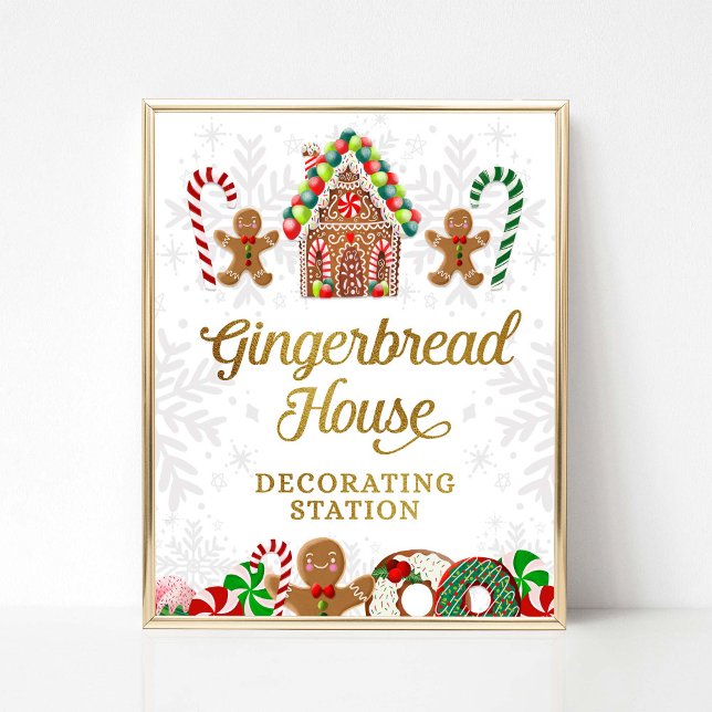 Brödhus som dekorerar Station Julafton-tecken Poster (Gingerbread House Decorating Station Sweet Christmas Party Theme)