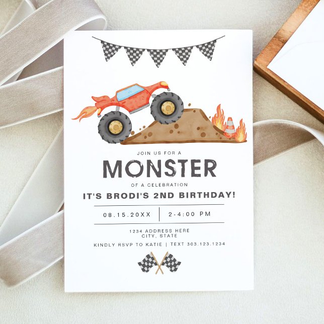 BRODI Red Monster Lastbil Boy Birthday Inbjudningar (Skapare uppladdad)