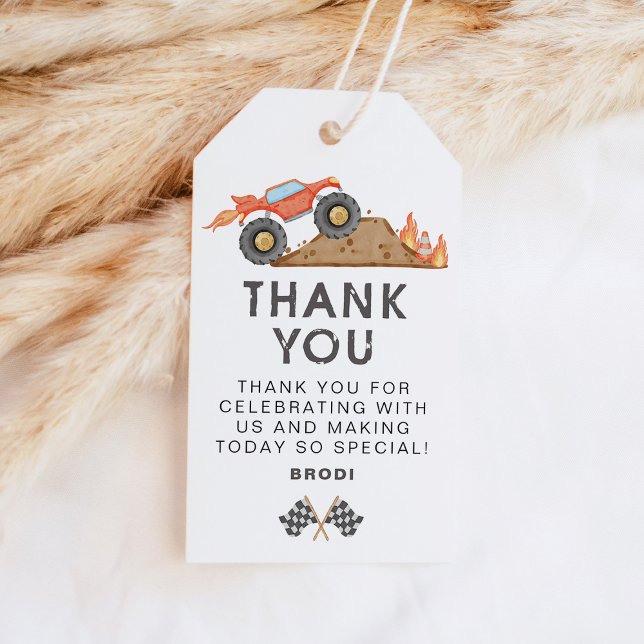 BRODI Röda Monster Truck Födelsedagspresent Presentetikett (Skapare uppladdad)