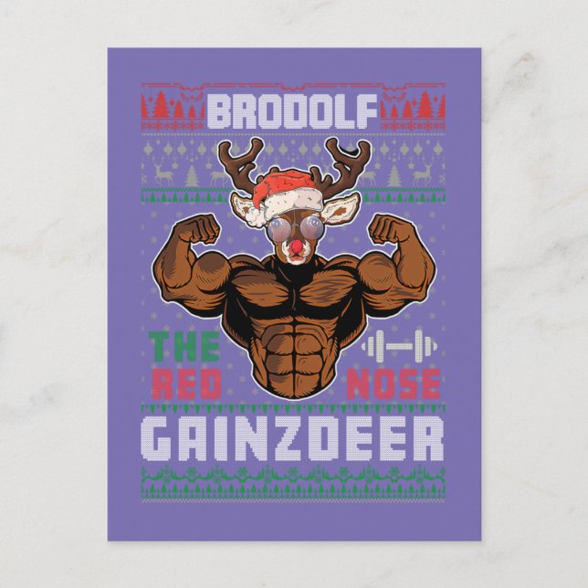 Brodolf the Red Nose Gainzdeer Gym Ugly jul Vykort (Framsida)