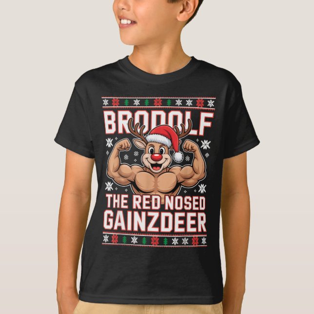 Brodolf The Red Nosed Gainzdeer Funny Xmas Gym Out T Shirt (Framsida)