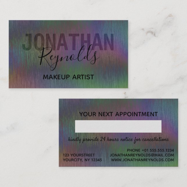 Brödskript Metall Iridescent Hologragrafiskt skrip Tidsbeställning Kort (Fram/baksida)