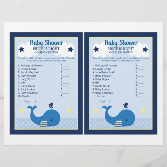 Brody Whale Nautical Pris Game Baby Shower (Framsida)