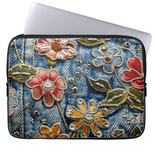 Broiderade Denim-Blommigtar i Gult, Röd och Blu Laptop Fodral
