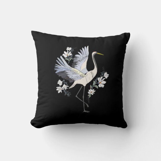 Broidervit och Grått Crane Bird Blommigt Black Kudde (Framsida)