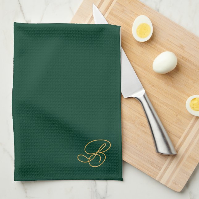 Brokig Grön & Guld Monogram Initial  Kökshandduk (Vikt i Fjärdedel)