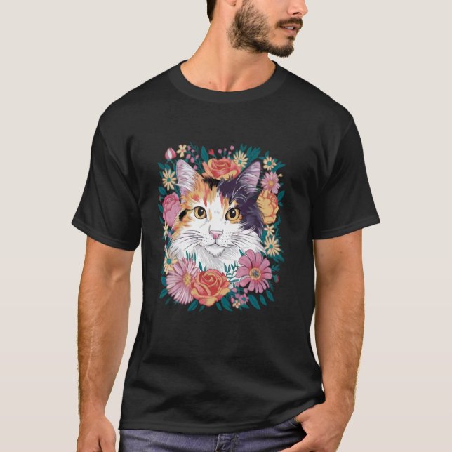 brokig katt blomma t shirt (Framsida)