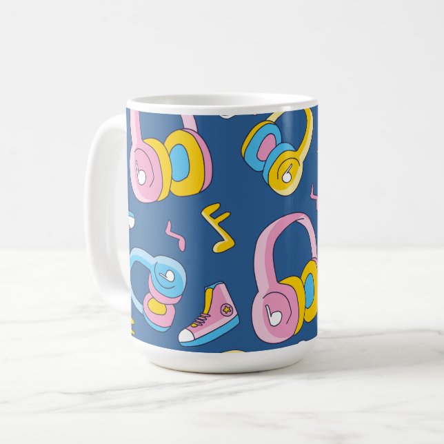Brokig musikmix i rosa, blå, gul kaffemugg (Framsida vänster)