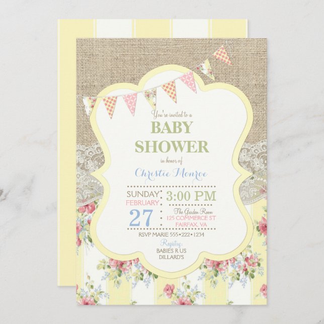 Brokig Rustik Landlig Chic Blommig Spets Jute Inbjudningar (Fram/baksida)