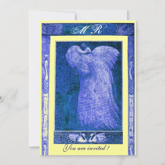 BRÖLL OPS LOVE PÅFÅGEL MONOGRAM ,blå vit gul Inbjudningar (Framsida)