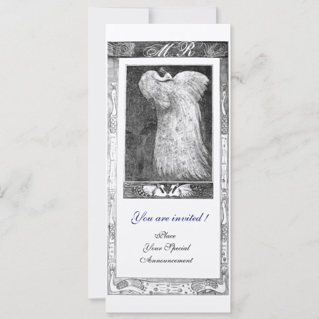 BRÖLL OPS LOVE PÅFÅGEL MONOGRAM ,Svart Vit Silver Inbjudningar (Framsida)