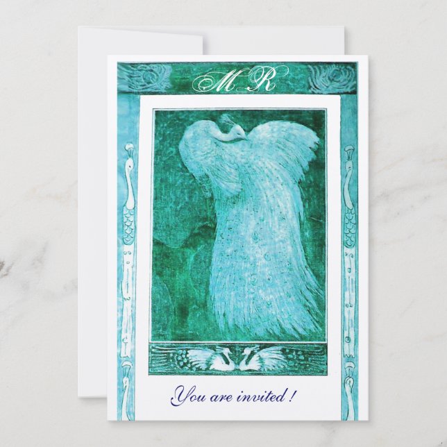 BRÖLL OPSKÄRSELSPÅFÄGEL MONOGRAM Aqua Blå Vit Inbjudningar (Framsida)