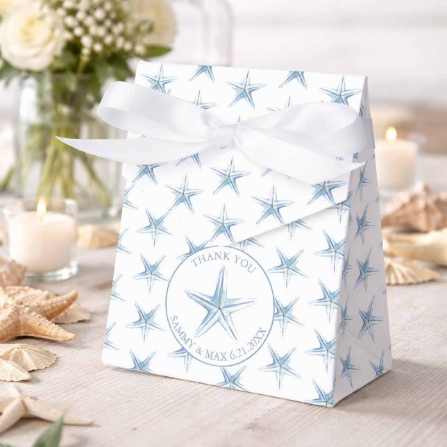 Bröllagspresentförpackningar för strandtema Vatten Presentaskar (Beach wedding favor boxes designed with watercolor blue starfish pattern.)