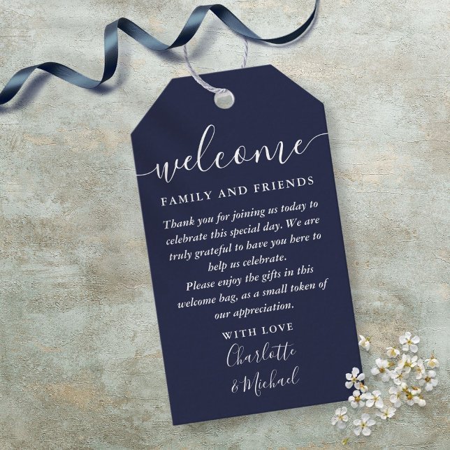 Bröllagspresentkorg för välkomstpresent i marinblå presentetikett (Navy Blue Wedding Favor Welcome Basket Bag Gift Tags)
