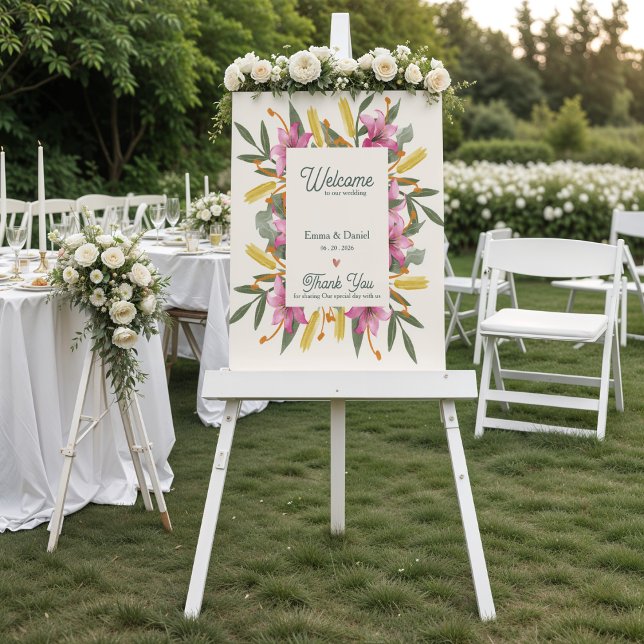 Bröllaklig Välkomstskylt med Rosa Lilja Botanisk Poster (Blush Pink Lily Botanical Wedding Welcome Sign | Romantic Watercolor Floral Garden Wedding Poster)