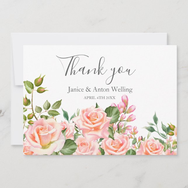 Bröllaks tacksamhetskort i rosa botanisk stil tack kort (Framsida)