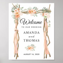 Bröllaksskylt i rosafärgad blomsterträdgård med tr poster