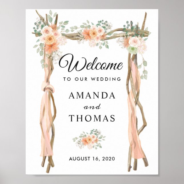 Bröllaksskylt i rosafärgad blomsterträdgård med tr poster (Framsidan)