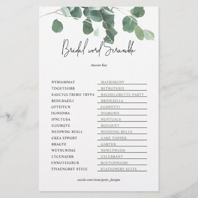 Bröllaksspelet Nyckelord Scramble Eukalyptus (Framsida)