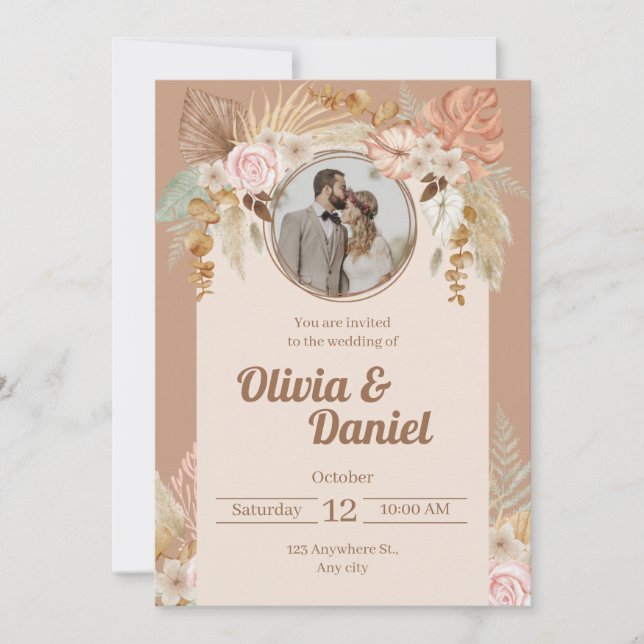 Bröllbjudan Beige Boho Watercolor Flowers Julkort (Framsida)