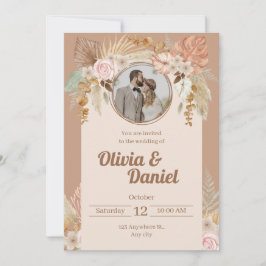 Bröllbjudan Beige Boho Watercolor Flowers Julkort