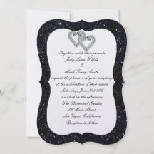 Bröllbjudan Black Glitter Diamond Hearts Bröllop