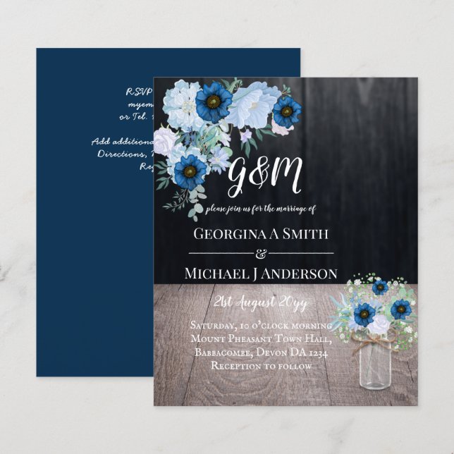 Bröllbjudan BUDGET Dusty Blue Blommigt Wedding (Fram/baksida)