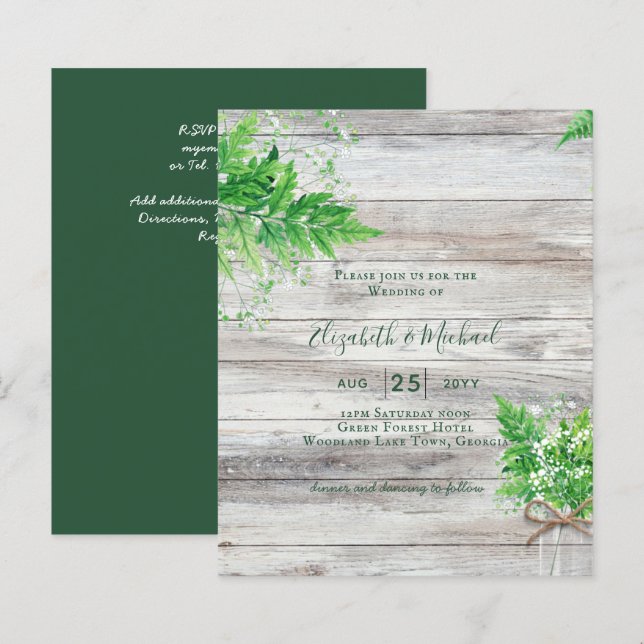Bröllbjudan BUDGET Shabby Greenery Chic Wedding (Fram/baksida)