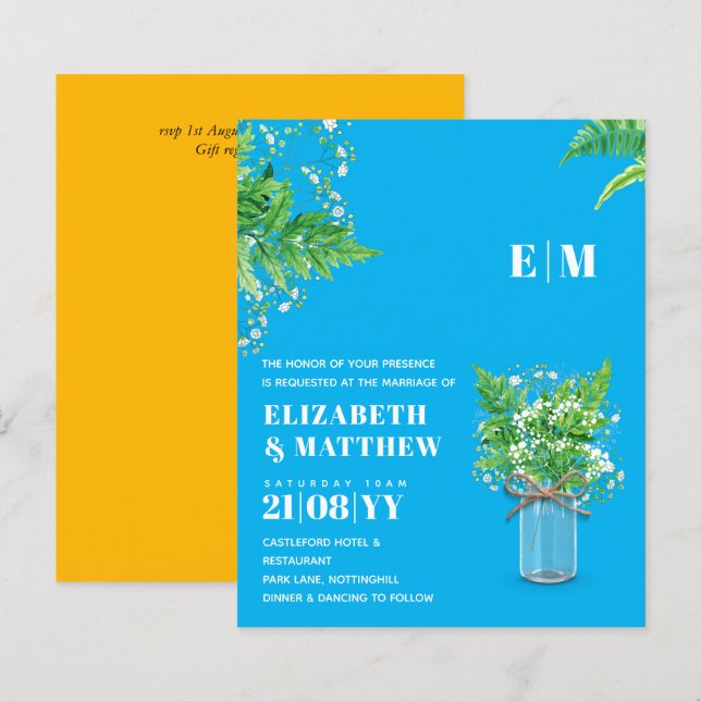 Bröllbjudan BUDGETEN Fern Grey lövs - grönt bröllo (Fram/baksida)