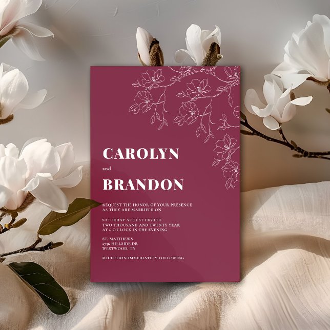 Bröllbjudan Cranberry Modern Blommigt Wedding Inbjudningar (Modern Cranberry Floral Wedding Invitation. Change Background to any color. )