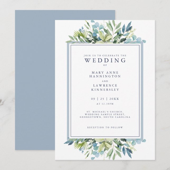 Bröllbjudan Dusty Blue Greenery Eucalyptus Wedding Inbjudningar (Fram/baksida)
