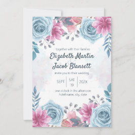 Bröllbjudan Dusty Blue Ro och Rosa Blommigt Weddin Inbjudningar