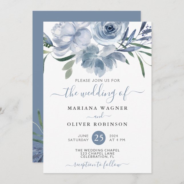 Bröllbjudan Dusty Blue Watercolor Blommigt Wedding Inbjudningar (Fram/baksida)