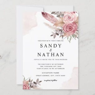 Bröllbjudan Dusty Rosa ros Boho Flowers Inbjudningar