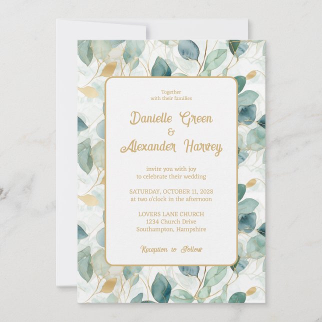 Bröllbjudan Eucalyptus Guld Watercolor Wedding Inbjudningar (Framsida)
